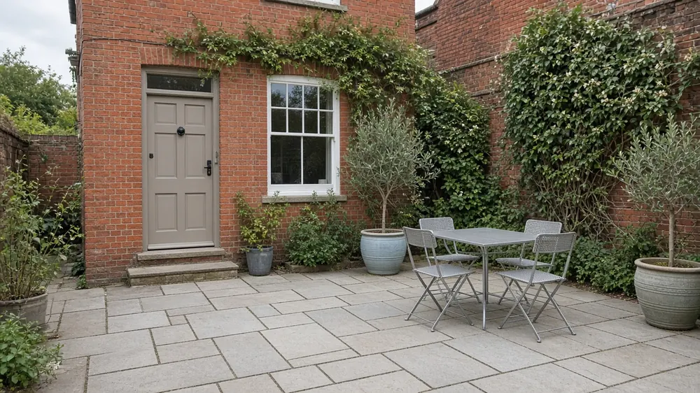 Example image: a sawn sandstone courtyard terrace behind an Edwardian villa, with planters and a bistro dining set