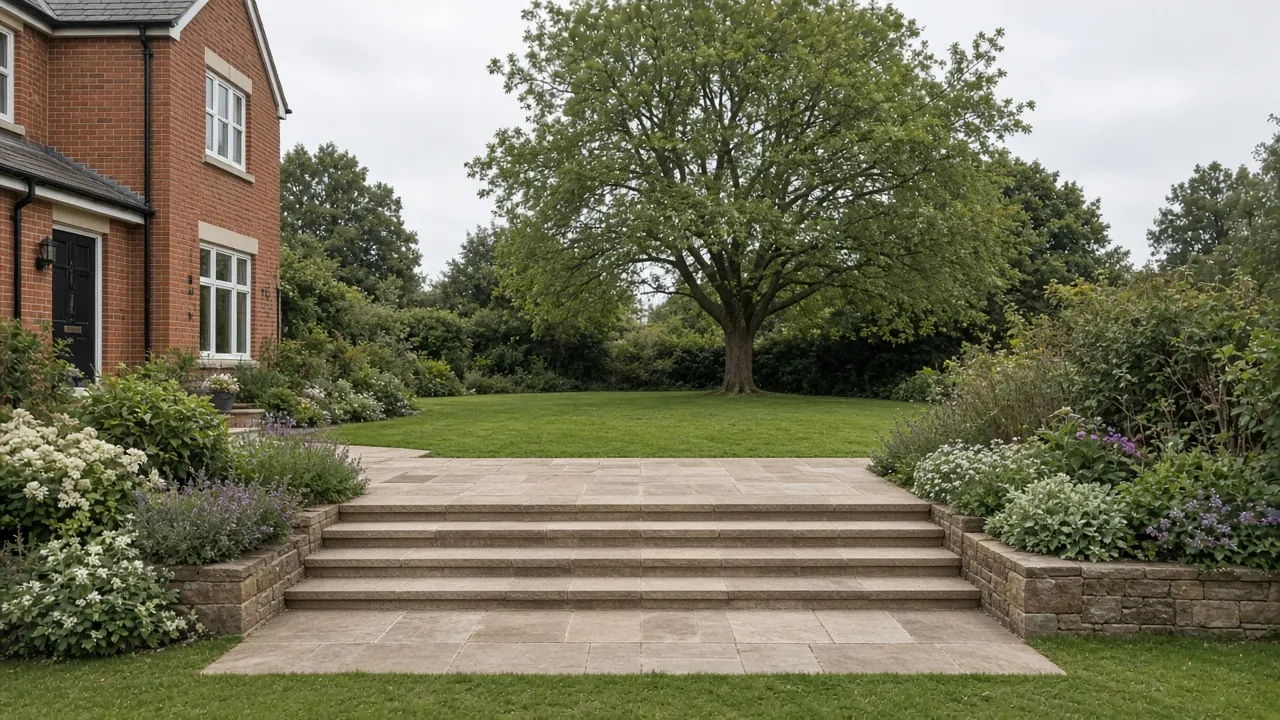 Example image: four wide sandstone steps down from a generous patio to a lower lawn, with low stone walls