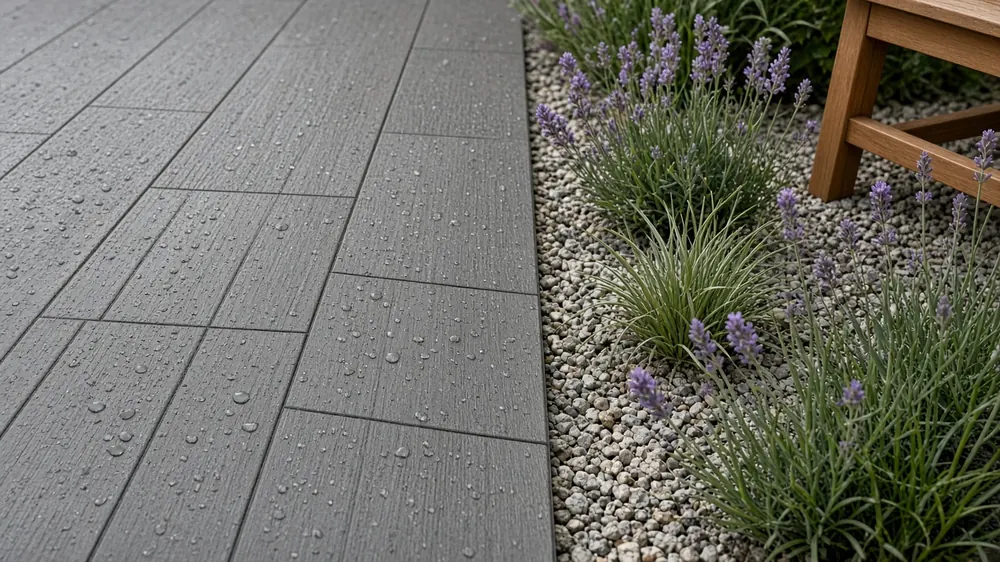Example image: close-up of wood-effect porcelain slabs with neat joints beside a planted gravel border