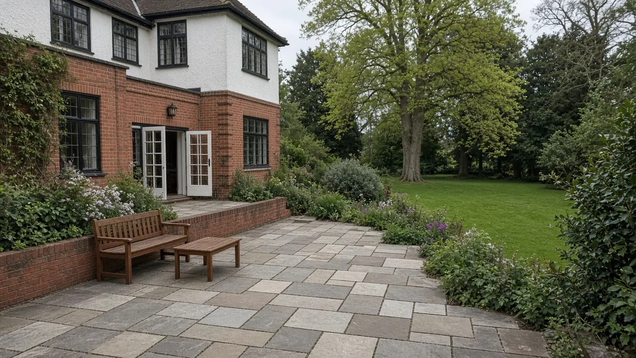 Example image: a wide grey riven sandstone terrace behind a large detached Arts and Crafts house with mature trees